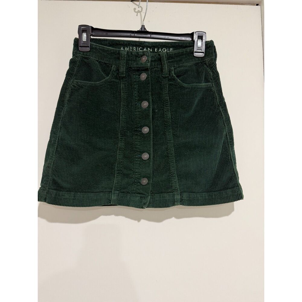 American Eagle Dark Forest Green Corduroy Button Front A-Line Mini Skirt Size 00